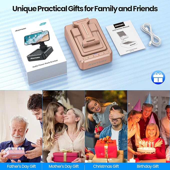 JTEMAN Cell Phone Stand with Bluetooth Speaker and Charging Function,Bluetooth Audio Power Bank Bracket,Birthday Gifts for Men Women,Kitchen Gadgets for Most Phones and Tablets-Rose Gold