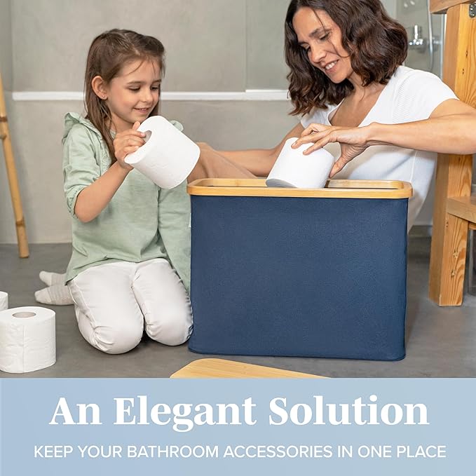 LONBET Toilet Paper Storage for 12 Rolls, Stackable & Foldable - The Ultimate Bathroom Organizer - Waterproof Basket with Bamboo Lid - Elegant Toilet Paper Storage Holder, Blue