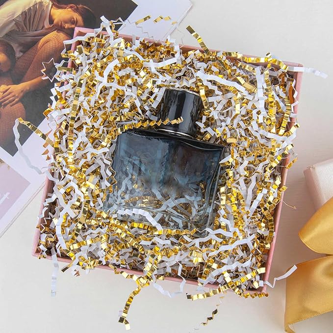 8.5oz Crinkle Paper Filler, Gift Baskets Gift Boxes Crafts Shredded Cut Paper Packaging Decorative Stuffing & Cushioning Confetti for Easter Birthday Wedding Party Favor Gold White