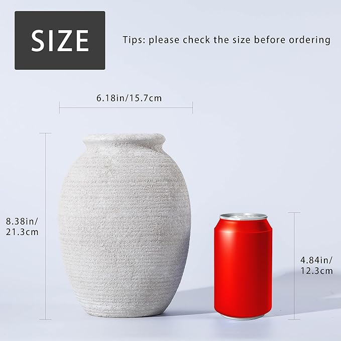 8 Inch White Ceramic Vase - Rustic Vintage Decorative Vase for Home - Farmhouse Pottery Vase for Flowers - Christmas Vase - Modern Vintage Dining Table Centerpiece ， Lyeec Vases Set