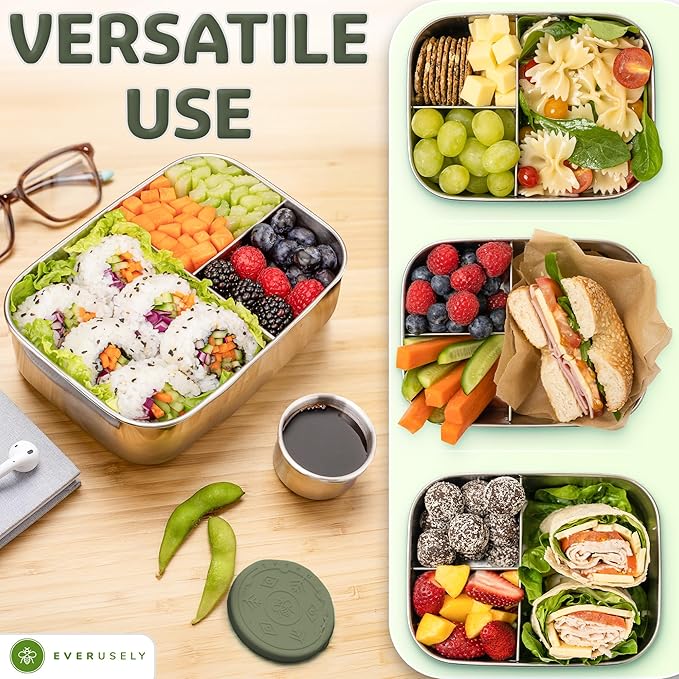 Everusely - Bento Box - Sage, 37oz / 1.1 L - Stainless Steel Lunch Box with Leakproof Condiment Container - 3 Compartment Snack Organizer for On the Go Meals - Freezer & Dishwasher Safe