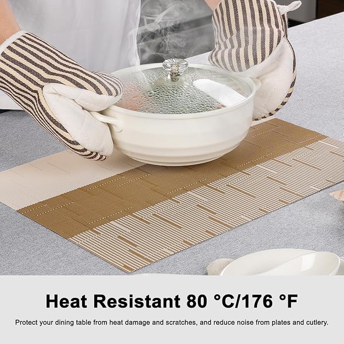 Placemats Set of 4, Vinyl Woven Place Mats Indoor Set of 4 Washable Wipeable PVC Table Mats Heat-Resistant Non Slip Placemat for Kitchen Dining Outdoor Table (Beige Light Brown, Set of 4)