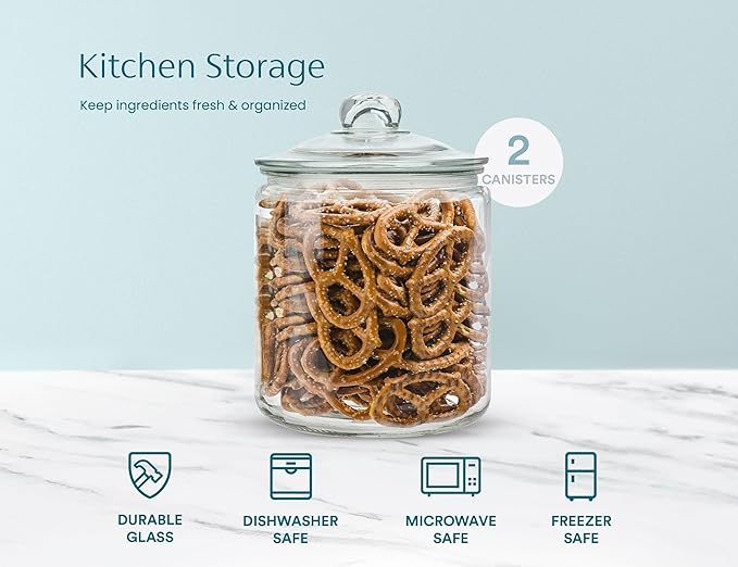KooK Glass Kitchen Jars, Food & Cookie Storage Containers for Pantry, Bathroom Apothecary Canisters, Airtight Lids, Dishwasher Safe, with Chalk and Labels, 1 Gallon, Set of 2