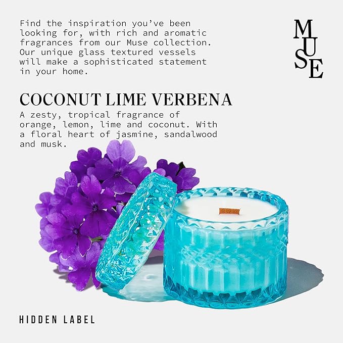 Hidden Label Coconut Lime Verbena Scented Soy Candles, Crackling Wood Wick, Muse Collection 7.4oz Glass Jar Decorative Candles, Gifts for Women