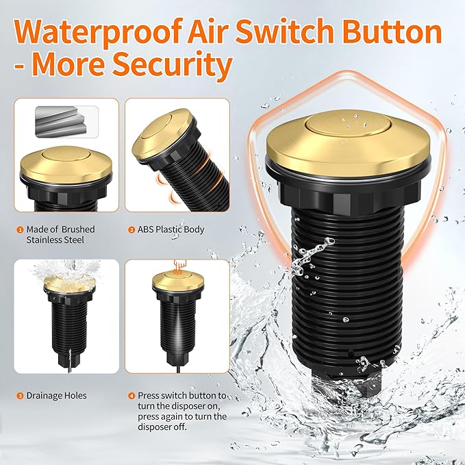 Joinfworld Garbage Disposal Air Switch Kit Waterproof Garbage Disposal Button Kit with Long Garbage Disposal Switch Brushed Brass/Brushed Champagne - UL Listed