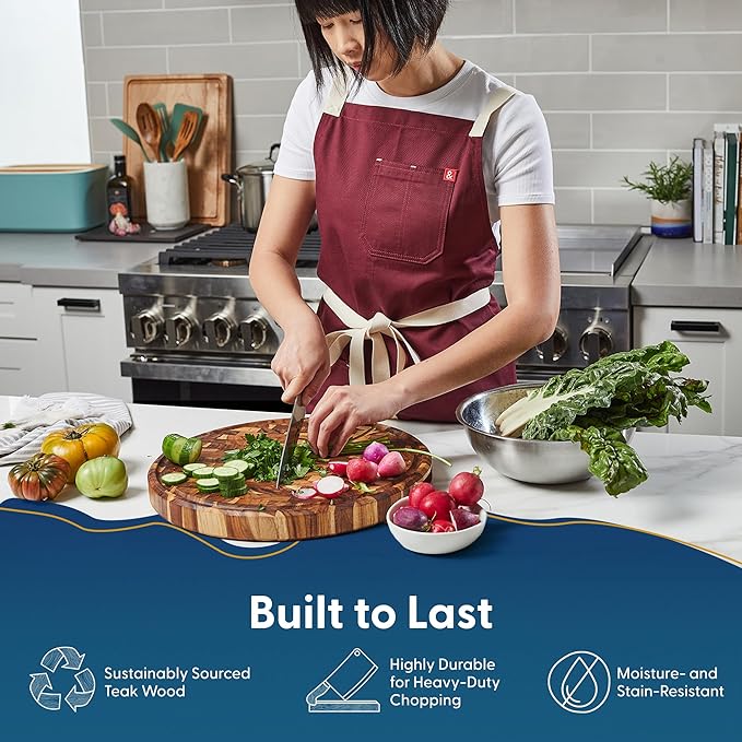 Sonder LA, End Grain Teak Wood Cutting Board 15" Round 1.5" Thick with Juice Groove and Built-in Handles, Charcuterie Serving Board (Gift Box Included)