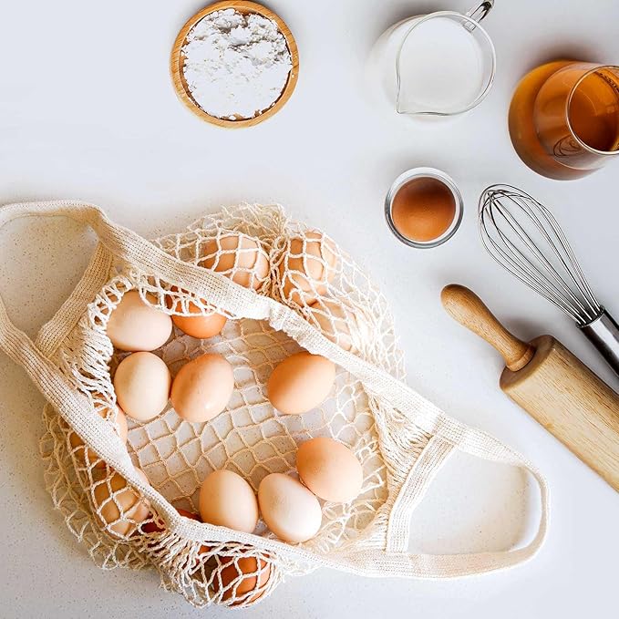 LZMS 3PCS Cotton Mesh Produce Bags,Reusable Grocery Veggie Net Tote,Washable Farmers Market Storage with Wide-Strap Carry Handles(Short Handle)