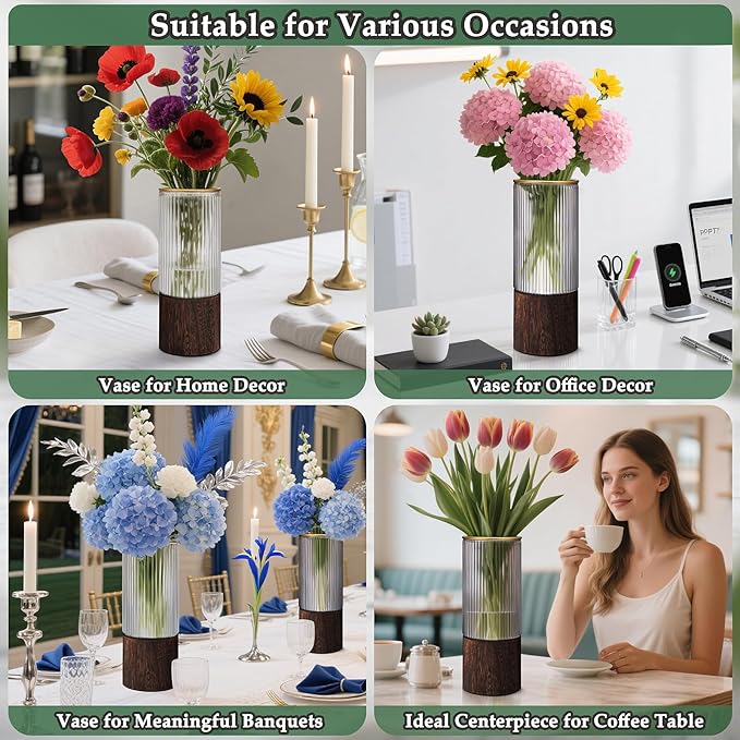Ribbed Glass Vase Set of 2 Vases for Flowers,10" H Wood Glass Vase with Solid Wooden Base,Rustic Flower Vase for Home Decor,Living Room,Bedroom,Kitchen,Dining Table,Fireplace,Office(Gray & Clear)