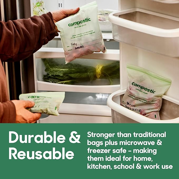 Compostic Home Compostable Resealable Snack Bags (6"x 3.5"), Microwave & Freezer Safe, Organic Food Storage Container, 60 Count