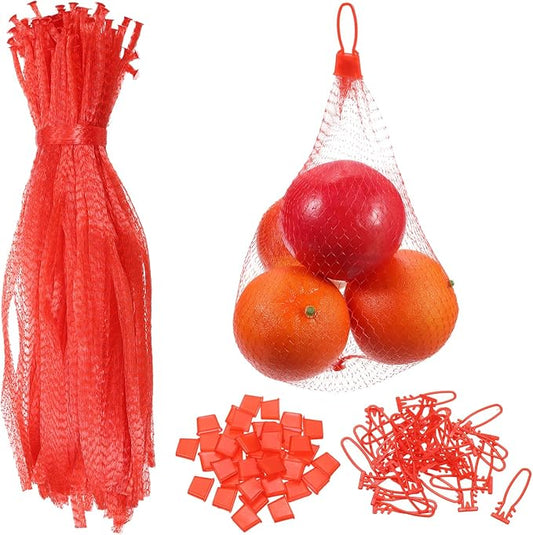 uxcell 100 Pcs Reusable Mesh Produce Bags, 40cm/16 Inch Washable Net Storage Bags Reusable Grocery Reusable Storage Bags with Plastic Buckle for Fresh Fruit Vegetables Seafood, Red