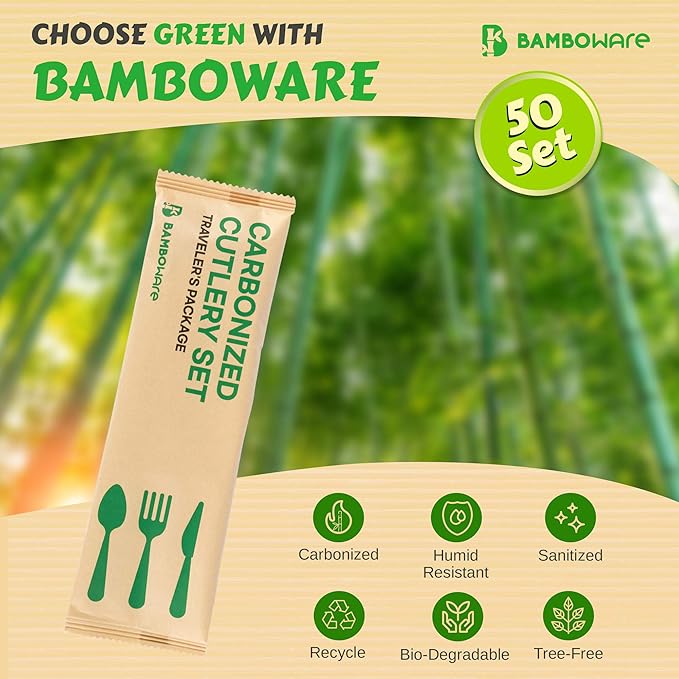 100% Bamboo Utensils - 50SET(150PCS) Traveler Package Carbonized Disposable Cutlery Biodegradable and Sanitized - Heavy Duty & Fully Functional