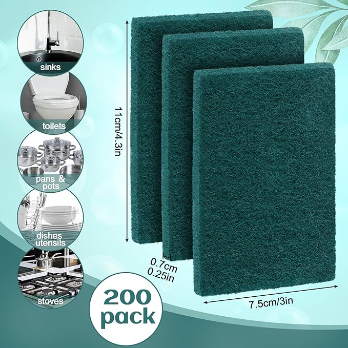 Hoolerry 200 Pcs Heavy Duty Scouring Pads Non Scratch Household Scrub Pads for Cleaning Reusable Pan Scrubber Anti Grease Scrubbing Pads for Dish Kitchen Metal Grills, 4.3 x 3 x 0.3 in (Green)