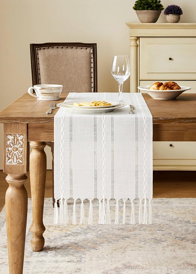 Christmas Table Runner, White 13x108 Inch, Hemstitched Farmhouse Cotton Linen Boho Table Runners 108 Inches Long, Embroidered Striped Rustic Home Decor