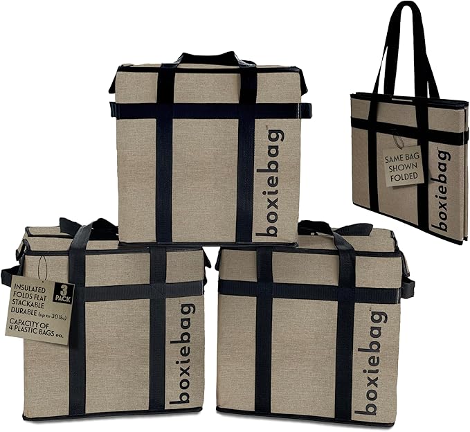 Reusable Grocery Bags (3-Pack) – Durable Reusable Shopping Bags Boxes. Insulate, Stand Up, Stay Open, Fold Flat – Large Tote Bag with Long Handles & Reinforced Bottom. 2 Year Warranty.