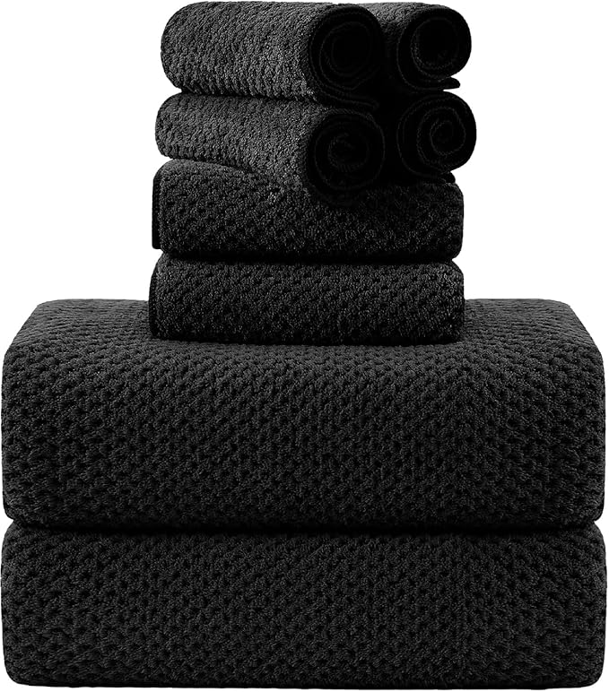 8-Piece Bath Towel Set, 2 Extra Large Bath Towel Sheets, 2 Hand Towels and 4 Washcloths - Highly Absorbent Quick Dry Microfiber,Ultra Soft Towel Set for Bathroom,Waffle Weave Design, Pack of 8 (Black)