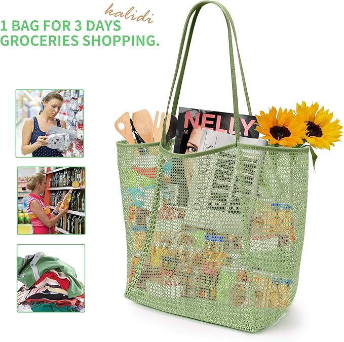 KALIDI BeachNylon Mesh Tote Bag, Casual Tote Bag Hobo Women Foldable MAX 23L Shoulder Bag For Beach Picnic Vacation