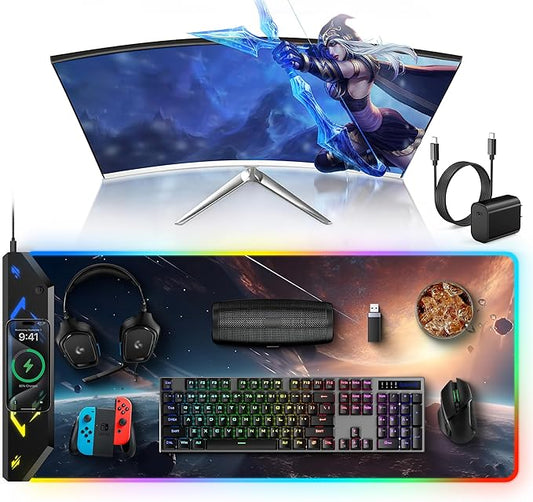 TopMade Wireless Charging Mouse Pad, RGB Gaming Mousepad, 35.4" x 15.8" Extra Large Waterproof Keyboard Desk Pad, Computer Desk Mat, Cosmic Planet (Includes 20W PD Power Adapter & 6.56ft Woven Cable)