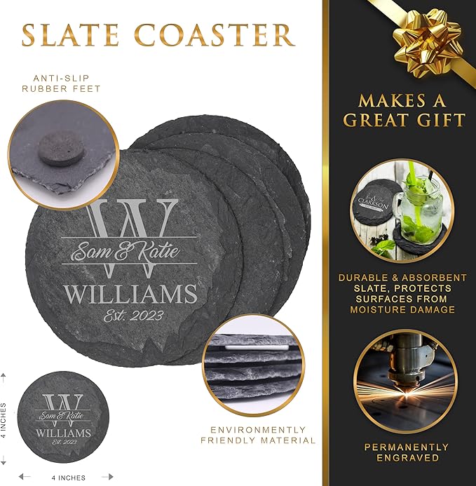 My Personal Memories Custom Engraved Slate Coasters Set of 4 - Monogrammed Coasters for Drinks, Weddings, Couples, Anniversaries - Personalized (Round)