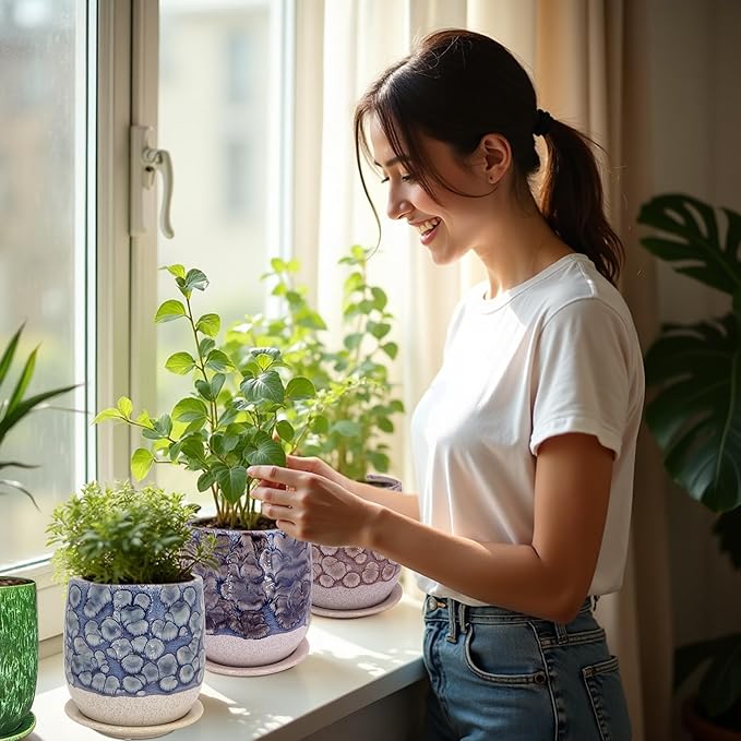 6 in Ceramic Plant Pot with Saucer，Indoor Plant Pot for Plants, Flower Pot with Drainage，Reactive Glaze Grey