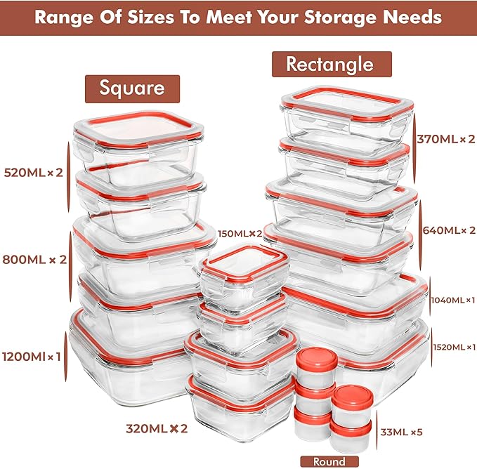 Razab 35 Pc Set Glass Food Storage Containers with Lids - Meal Prep Airtight Bento Boxes BPA-Free 100% Leak Proof (15 lids,15 glass & 5 Plastic Sauce/Dip Containers)