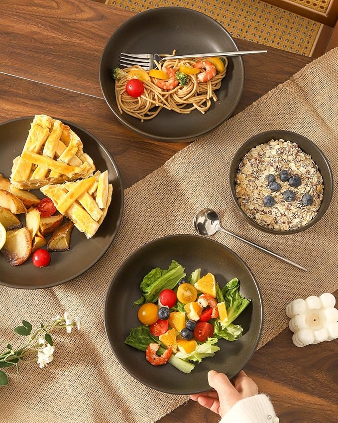 Dinnerware Sets, Stoneware Plates and Bowls Sets, Farmhouse 12 Piece Dish Set for 4, Ceramic Plates Set for Kitchen, Scratch Resistant, Dishwasher & Microwave Safe, Pure Black