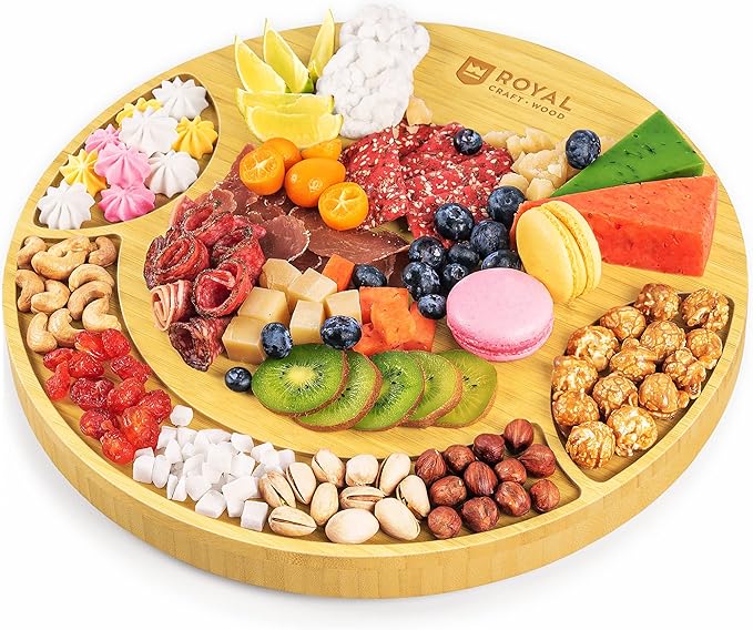 ROYAL CRAFT WOOD Bamboo Cheese Large Round Board and Knife Set with Charcuterie Board & Serving Tray Non - Expandable