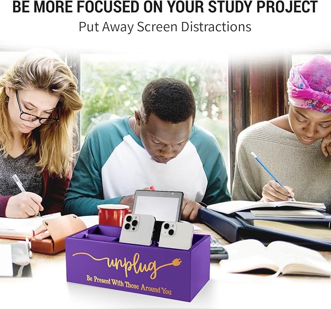 Bamboo Wood Phone Box – Unplug from Phones, Tablets, and Electronics for Study, Meetings, and Family Time, Phone Holder Organizer with Charging Holes, Farmhouse Style, Holds Up to 18 Phones-Purple