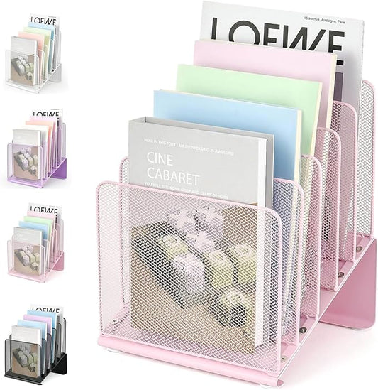 File Organizer for Desk, Desk Organizer with 5-Section Vertical File Rack, File Folder Organizer, Desk Accessories & Workspace Organizers (Pink)