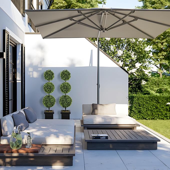 Artificial Topiary Outdoor Set of 2, 3.5ft Boxwood Outdoor Porch Trees, All-Year Green Fake Plant Topiary Trees Artificial Outdoor with Sturdy Pot for Porch Outdoor Indoor (Ball)