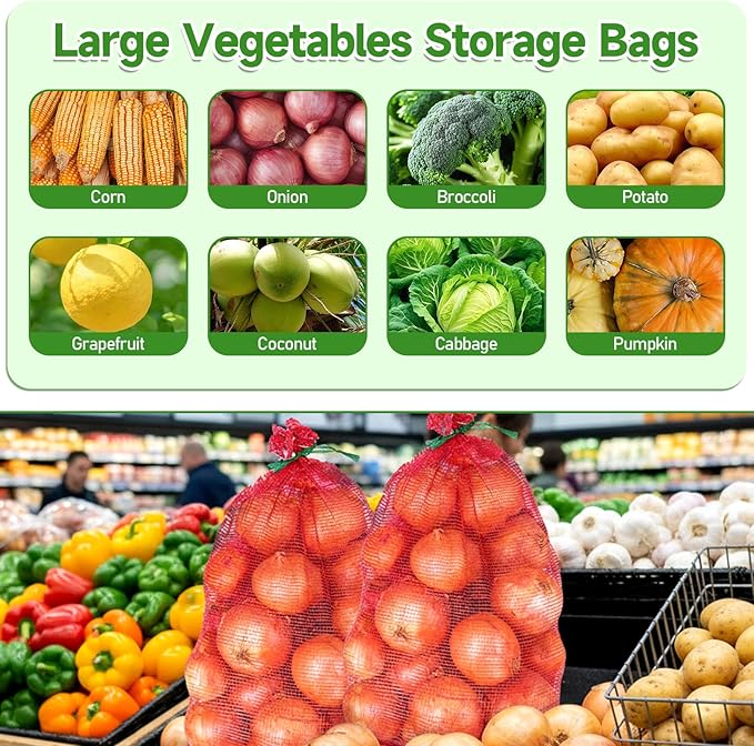 SHENLIU 50Pcs Extra Large Mesh Produce Bags, 21” x 32” Mesh Onion Bags 60lbs Reusable Drawstring Fresh Produce Storage Bag Washable Net Bag for Onions, Vegetables, Potatoes, Citrus, Crawfish, Firewood