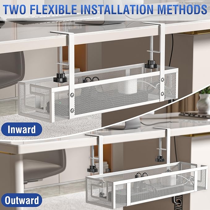 Under Desk Cable Management Tray - GZOKMOG No Drill Cord Organizer with Clamp, Reinforced Metal Mesh Workspace Organizers for Wire, Office Desk Accessories, 1 Pack White, 15.75 inch