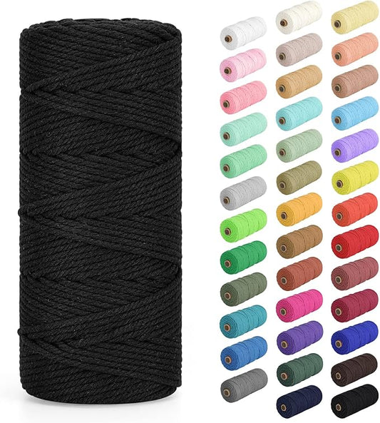 Macrame Cord 2mm x 220Yards (656Feet), Natural Cotton Macrame Rope - 2 Strands Twisted Macrame Cotton Cord for Wall Hanging, Plant Hangers, Crafts, Gift Wrapping and Wedding Decorations, Black