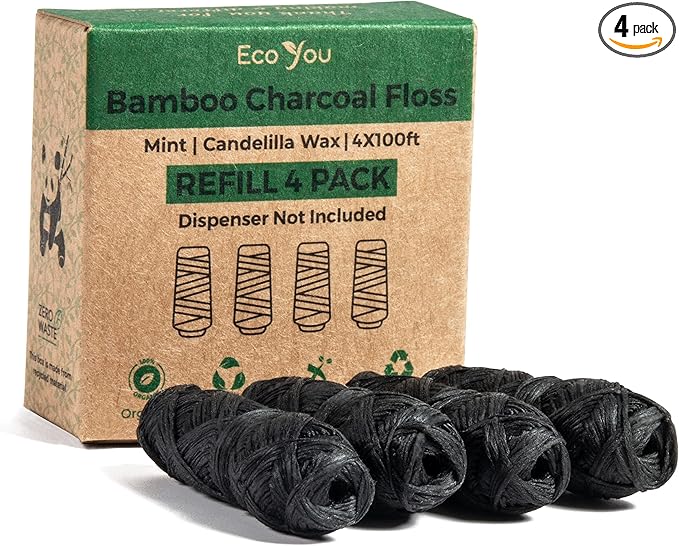 Bamboo Charcoal Dental Floss | Mint & Candelilla Wax | Vegan & Biodegradable (4 Refills Pack) | Pfas Free