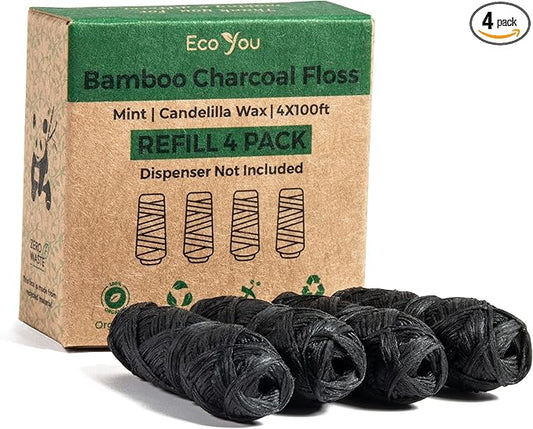 Bamboo Charcoal Dental Floss | Mint & Candelilla Wax | Vegan & Biodegradable (4 Refills Pack) | Pfas Free