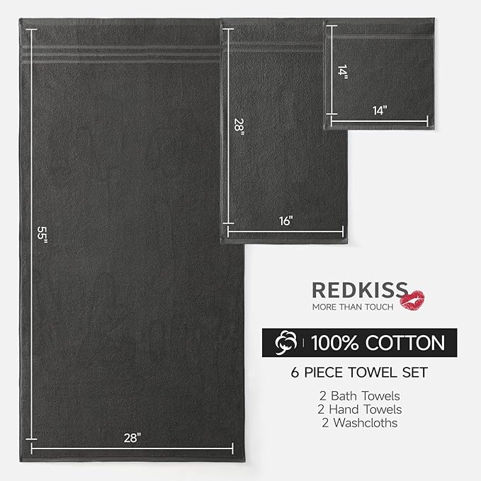 REDKISS 6 Piece Luxury Bath Towel Set - 100% Cotton Towels for Bathroom, 600 GSM Premium Dark Grey Towels of 6, Includes 2 Large Bath Sheets, 2 Hand Towel, 2 Washcloths, Highly Absorbent