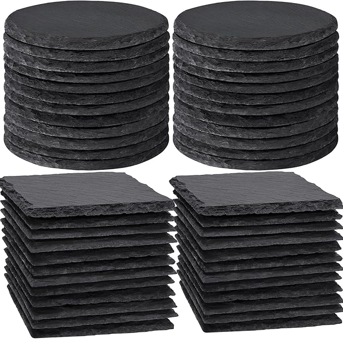 36 PCS Slate Coasters Bulk for Drinks, 4 Inch 18 PCS Natural Handmade Black Stone Square, 18 PCS Round Coasters for Laser Engraving, Gifts, Halloween Christmas, Home Decor