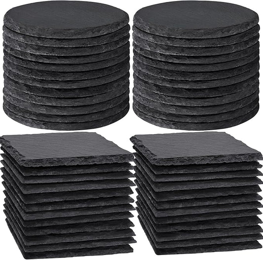 36 PCS Slate Coasters Bulk for Drinks, 4 Inch 18 PCS Natural Handmade Black Stone Square, 18 PCS Round Coasters for Laser Engraving, Gifts, Halloween Christmas, Home Decor