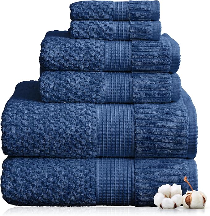 NY Loft 100% Cotton Towel Set 6 Piece Towel Set | Navy Bath Towels | Absorbent & Quick-Dry Towels | Trinity Collection (6 Piece Set, Navy Blue)