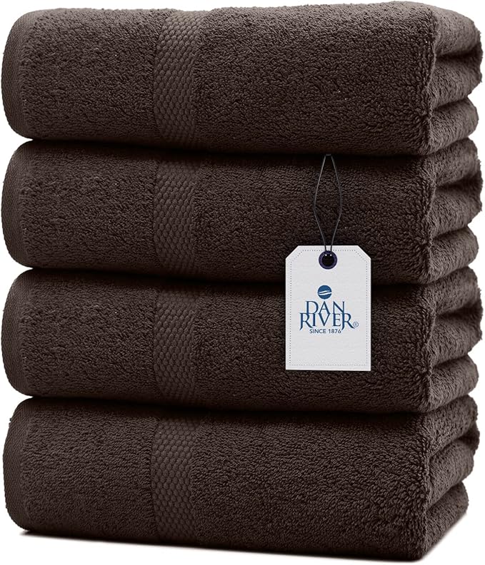 DAN RIVER Bath Towels Set of 4, 27 x 54 Inches, 100% Cotton, Larger & Lighter Weight, Quicker to Dry, Super Soft and Absorbent, Ideal Bathroom Towels for Daily Use, Brown