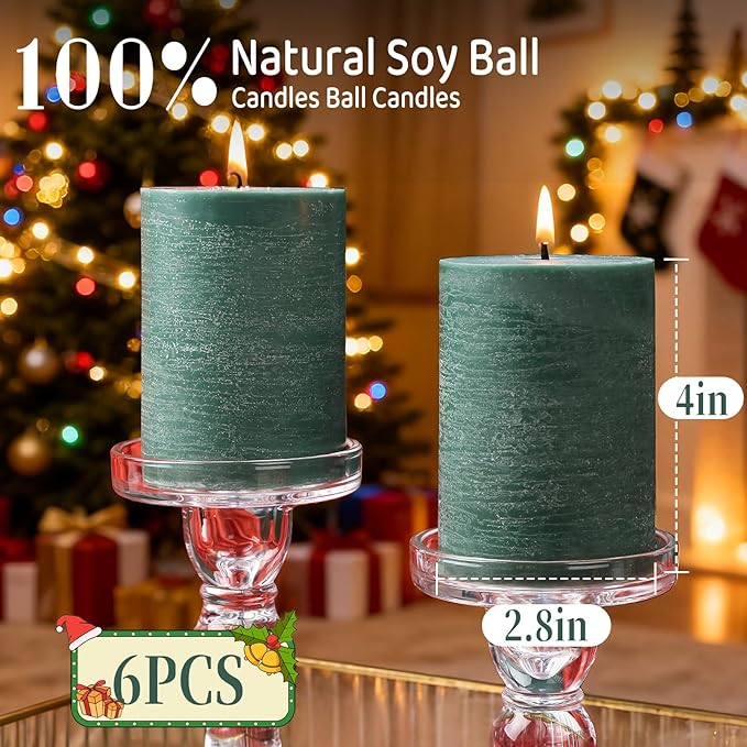 6 Pack Soy Green Pillar Candles,Natural Soybean Pillar Candles,55 H Long Burning,Unscented,Dripless and Smokeless Green Hand-poured Candles Dinner Table for Christmas,Wedding,Rustic Home Decor 2.8x4in