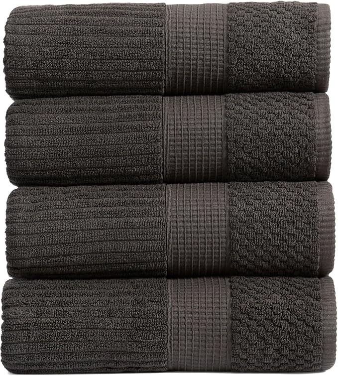 Springtree Home 100% Cotton Bath Towel Set of 4 | Super Soft & Absorbent with Quick-Dry Fibers | 4 Bath Towels | Textured and Durable Cotton | Krista Collection - Black Ink