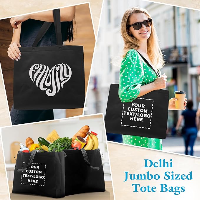 DISCOUNT PROMOS Custom Jumbo Sized Tote Bags Set of 10, Personalized Bulk Pack - Reusable Grocery Bags, Shopping Bags, Promotional Item Totes for Women - Black