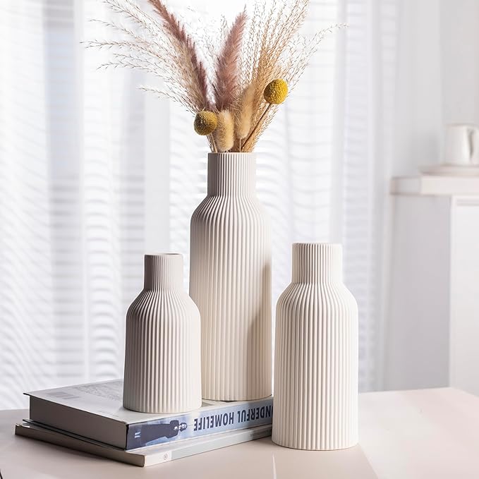 White Ceramic Vases Set of 3, White Ribbed Decorative Vases - Table Centerpieces for Wedding, Living Room, Office & Shelf Decor