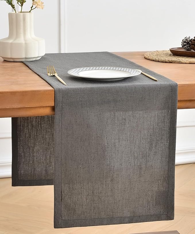 Wracra Linen Style Table Runner, Rustic Farmhouse Charcoal Grey Table Runners 72 Inches Long, Handcrafted Table Runner for Fall, Winter - Everyday Use and Machine Washable