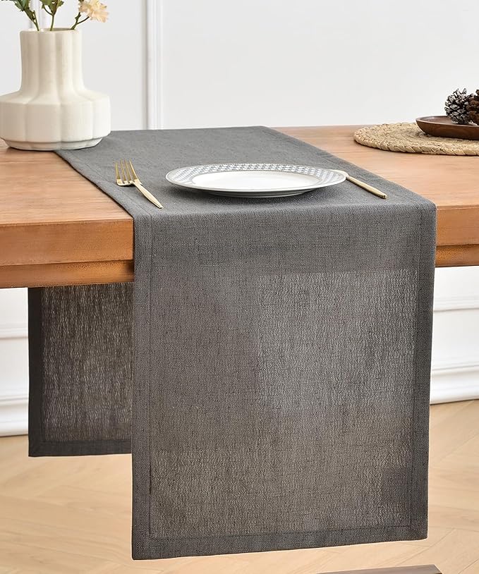 Wracra Linen Style Table Runner, Rustic Farmhouse Charcoal Grey Table Runners 108 Inches Long, Handcrafted Table Runner for Fall, Winter - Everyday Use and Machine Washable