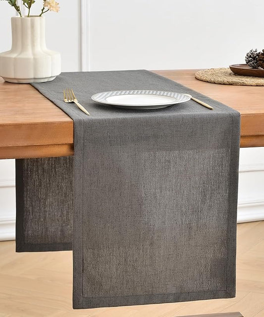 Wracra Linen Style Table Runner, Rustic Farmhouse Charcoal Grey Table Runners 108 Inches Long, Handcrafted Table Runner for Fall, Winter - Everyday Use and Machine Washable
