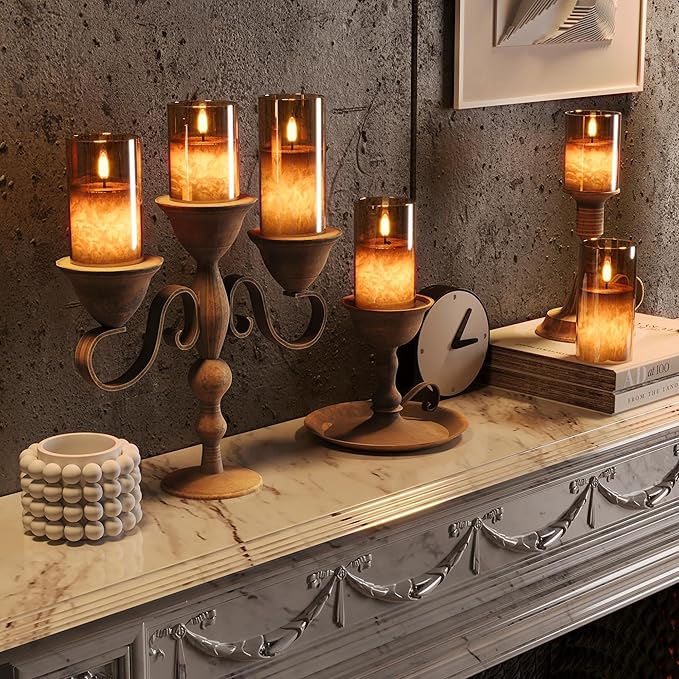 Ice Crystal Real Wax Glass Flameless Candles with Remote & Timer, Battery Operated Candles with Warm Flickering Flame, Realistic LED Candle for Wedding Home Decor [D3×H4/5"/6"] Gold, 3Pack