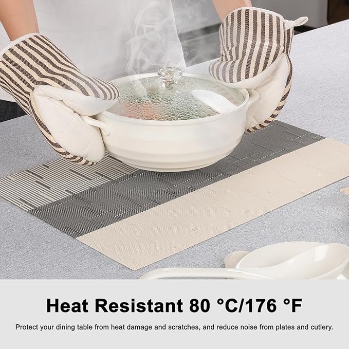 Placemats Set of 8, Vinyl Woven Place Mats Indoor Set of 8 Washable Wipeable PVC Table Mats Heat-Resistant Non Slip Placemat for Kitchen Dining Outdoor Table (Beige Dark Gray, Set of 8)