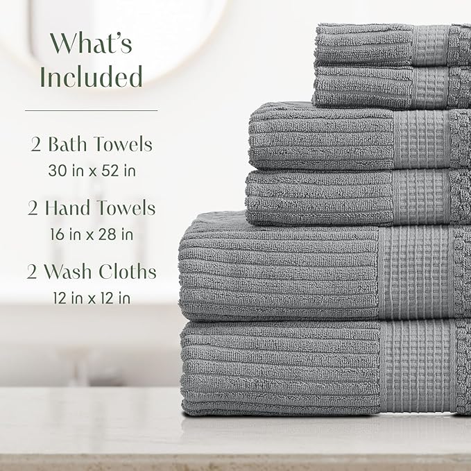 Springtree Home 100% Cotton Bath Towel Set 6 Piece Set | Super Soft & Absorbent Quick-Dry 2 Bath Towels 2 Hand Towels & 2 Washcloths |Textured and Durable Cotton | Krista Collection (Ultimate Grey)