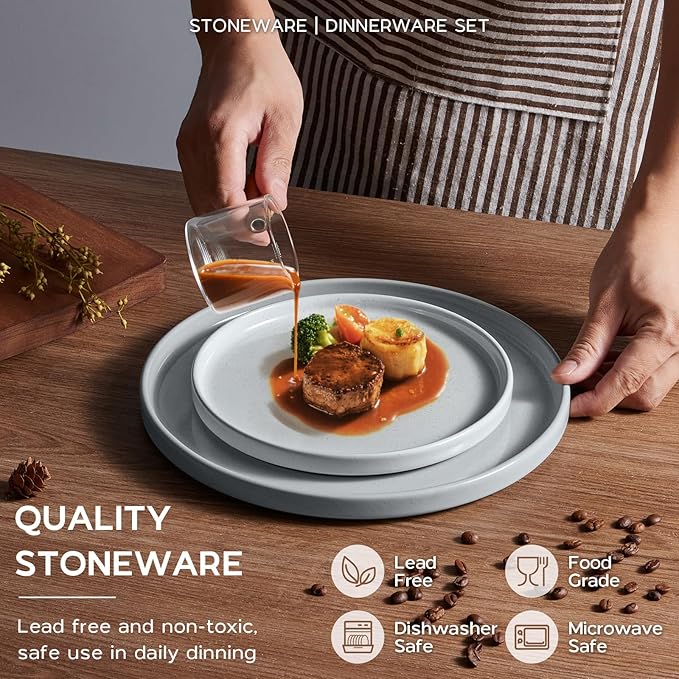 Onader Plates and Bowls Sets, 16 Pieces Stoneware Dinnerware for 4, Kitchen Dinner Dish Set with Pasta Bowl, Ceramic Dishware Dining Ware, Microwave & Dishwasher Safe - Slate Gray
